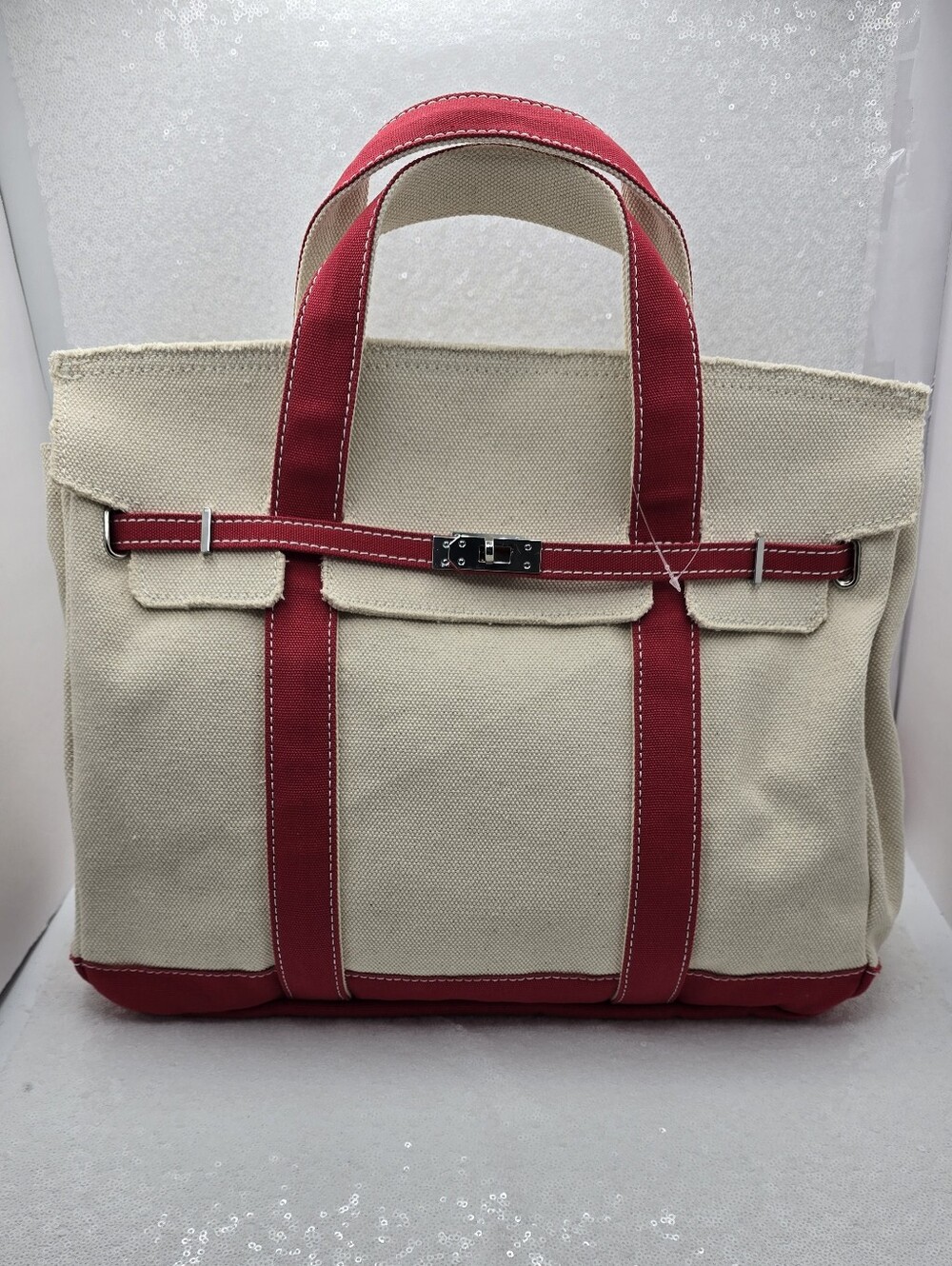Boatkin Sunwin Madaket Large Classic Canvas Tote Bag Belted Flap Closure Red